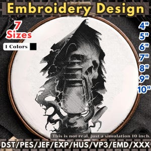 May include: An embroidery design featuring a black and white image of a lantern and a skull, set within a wooden embroidery hoop. The design is available in 7 sizes, ranging from 10.16 cm to 25.4 cm. The text "Embroidery Design" is at the top.