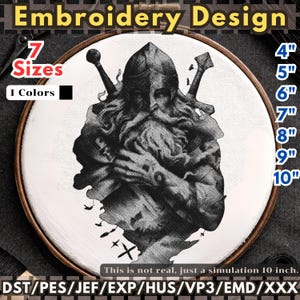 May include: Embroidery design showing a black and white illustration of a bearded figure with a helmet and swords, in a wooden embroidery hoop. Available in 7 sizes, from 10 cm to 25 cm. The text says: 'Embroidery Design'.
