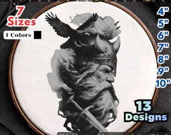 Conjunto 1 de diseños de bordado de Odín: 13 retratos monocromáticos / Bordado a máquina en blackwork