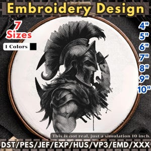 Spartan Helmet Embroidery Design – Monochrome Blackwork Portrait Machine Embroidery File