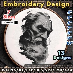 May include: An embroidery design featuring a black and white portrait within a wooden hoop. The design is available in 7 sizes, ranging from 10.16 cm to 25.4 cm. The text reads "Embroidery Design", "7 Sizes", "1 Colors", and "13 Designs".