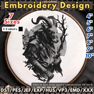 May include: Black and white embroidery design featuring a goat-like figure with antlers, holding a branch, within a wooden embroidery hoop. The design is available in 7 sizes, ranging from 4 inches to 10 inches.