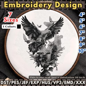 May include: An embroidery design featuring a detailed black and white eagle with outstretched wings, set within a wooden embroidery hoop. The design is available in 7 sizes, ranging from 4 inches to 10 inches. The text reads "Embroidery Design".