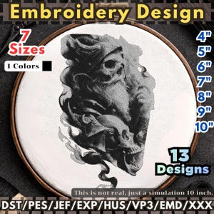 May include: An embroidery design featuring a detailed black and white skull illustration. The design is available in 7 sizes, ranging from 4 to 10 inches. The image also indicates 13 design options and is a simulation.