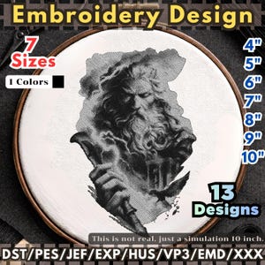 May include: An embroidery design featuring a black and white illustration of a bearded figure within a wooden hoop. The design is available in 7 sizes, ranging from 4" to 10". The text reads "Embroidery Design", "7 Sizes", "1 Colors", and "13 Designs".
