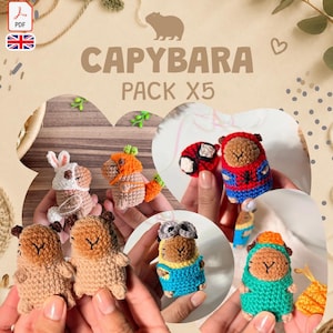 Puede incluir: Una colección de cinco pequeñas figuras de capibara tejidas a ganchillo con varios atuendos, incluyendo una capucha de conejo, un disfraz de zanahoria, un traje de superhéroe, un conjunto de peto azul con gafas y una sudadera verde azulado. Texto CAPYBARA PACK X5.