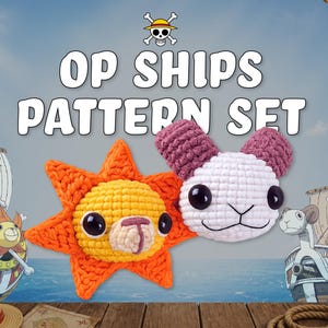 Puede incluir: Un conjunto de patrones de ganchillo con dos diseños de personajes: un sol amarillo y naranja y un conejo blanco y morado. El texto "OP SHIPS PATTERN SET" se muestra encima de los personajes. El fondo muestra un paisaje marino con barcos de dibujos animados.