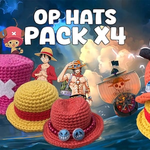 Puede incluir: Una colección de cuatro sombreros de ganchillo en varios colores, incluyendo negro, rosa, amarillo y rojo. Cada sombrero está inspirado en la serie de anime "One Piece" y presenta diseños únicos. La imagen también incluye el texto "OP HATS PACK X4" y "PDF PATTERN".