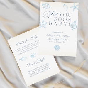 Sea You Soon Baby Shower Invite Bundle Blue | Editable Canva Template | Nautical Diaper Raffle, Welcome Sign, Books for Baby | Printable Set