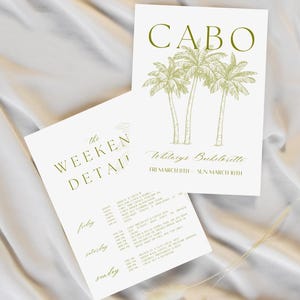 Puede incluir: Una tarjeta blanca con el texto "CABO" en letras verdes y un dibujo de tres palmeras. Debajo del dibujo está el texto "Whitneys Bachelorette" y las fechas "FRI MARCH 8TH - SUN MARCH 10TH".