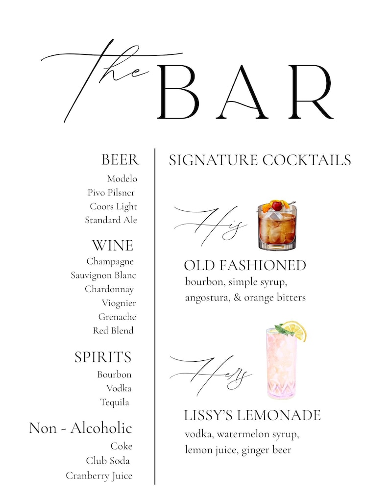 May include: A white sign with the words "The BAR" in elegant black script. It lists beer, wine, spirits, and non-alcoholic drinks. Two signature cocktails are featured: Old Fashioned and Lissy's Lemonade.