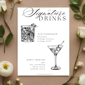 Black and White Signature Drink Sign Template | Old Fashioned & Dirty Martini | Wedding Bar Menu | Canva Cocktail Sign | Editable PDF