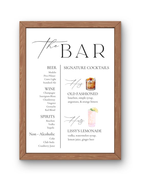 Editable Bar Menu Template | His and Hers Signature Cocktails | Modern Wedding Drink Sign | Printable Canva Bar Sign | Digital Download