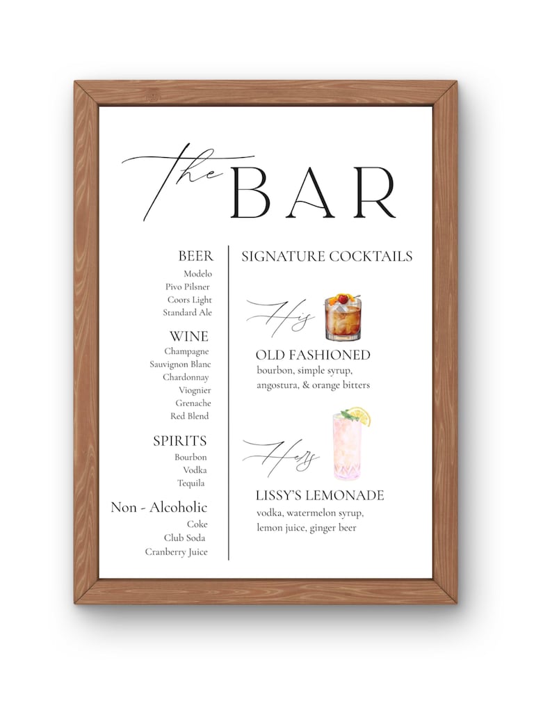 May include: A framed print with a wooden frame, featuring the text "The Bar" in elegant script. The print lists beer, wine, spirits, and non-alcoholic options, along with signature cocktail recipes for an Old Fashioned and Lissy's Lemonade.