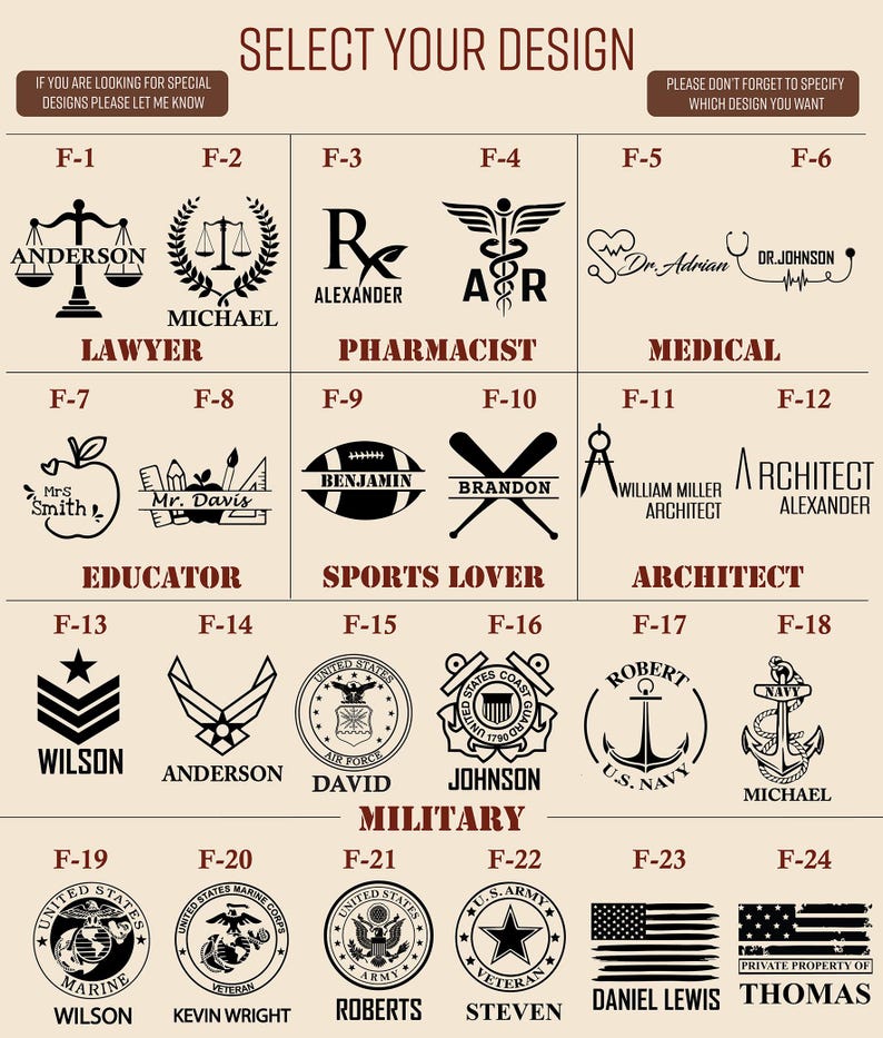 May include: A selection of design options for personalized items. Designs include lawyer scales, pharmacist symbols, medical caduceus, educator apple, sports equipment, architect compass, military emblems, and flags. Text includes names and professions.