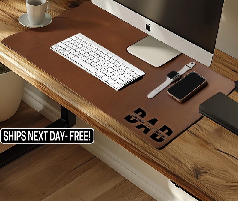 May include: A brown leather desk mat with a white keyboard, computer, smart watch, and phone. The mat has the word "DAD" in black, with a name below. The desk is made of wood.