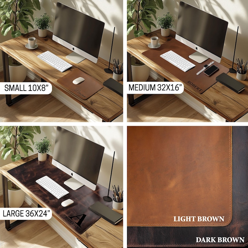May include: A desk setup featuring a computer, keyboard, and mouse on a wooden desk. The image showcases three sizes of leather desk pads: small (10x8 inches), medium (32x16 inches), and large (36x24 inches). The pads are light brown and dark brown.