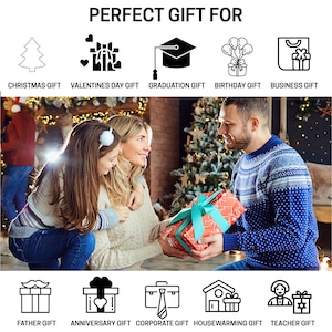 May include: A family exchanging gifts, with a man presenting a wrapped present to a woman and a child. The image includes icons for various gift occasions, such as Christmas, Valentine's Day, and birthdays. Text at the top reads "PERFECT GIFT FOR".