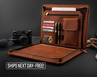Full Grain Leather Portfolio, Leather Portfolio with Zipper, Personalized Gifts for Dad, Best Gifts for Him, Birthday Gift, Anniversary Gift