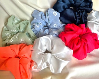 SET Scrunchies in zijde of chiffon - Maxi haarelastieken, haaraccessoires, haarclips, enkele kleur/patroon, damescadeau