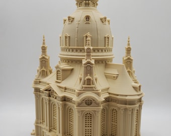 May include: A detailed 3D printed model of a church with a dome, intricate details, and a beige color.