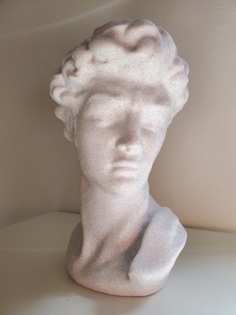 May include: White plaster bust sculpture of a person with short, curly hair. The sculpture is detailed with a textured surface.