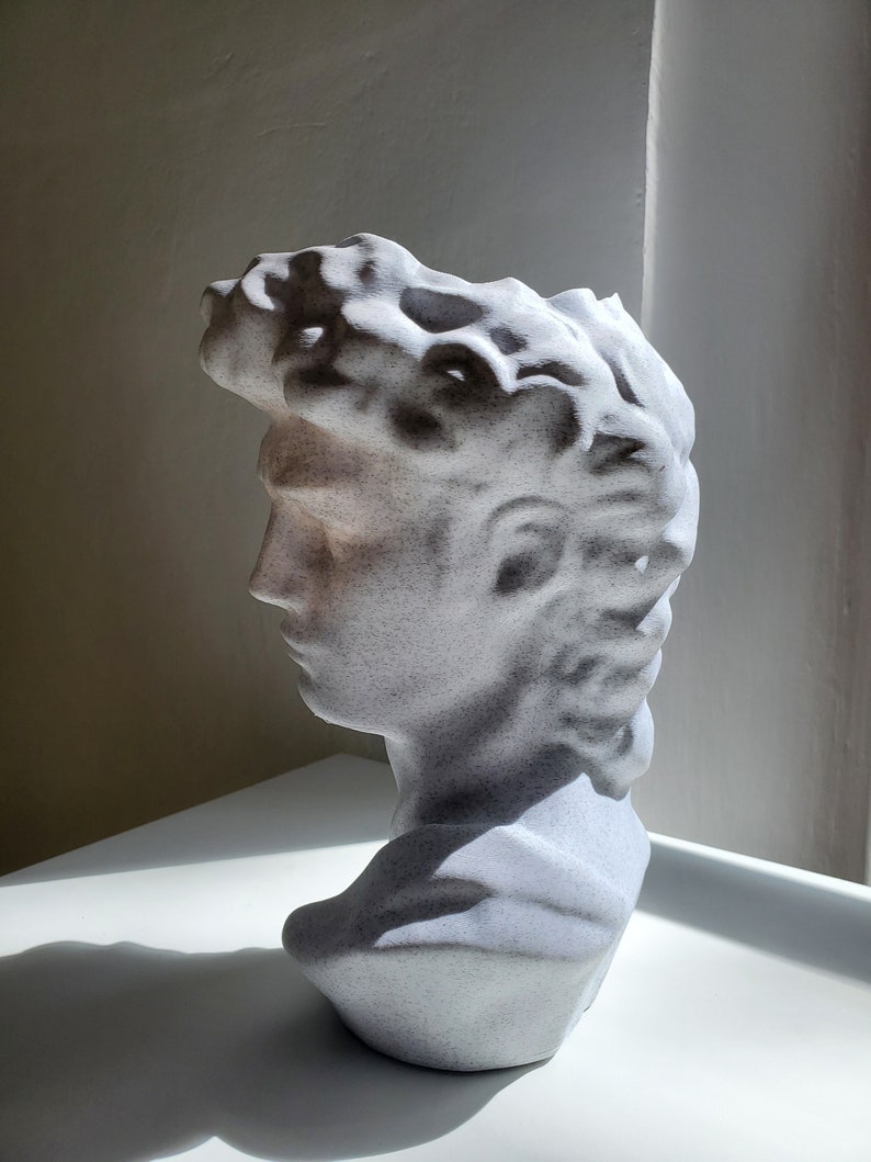 May include: White plaster bust sculpture of a man with a textured surface. The bust is a modern interpretation of a classic sculpture.