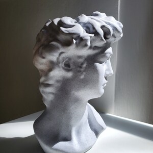 May include: A white plaster bust sculpture of a man with short, curly hair. The bust is a replica of a famous classical sculpture.