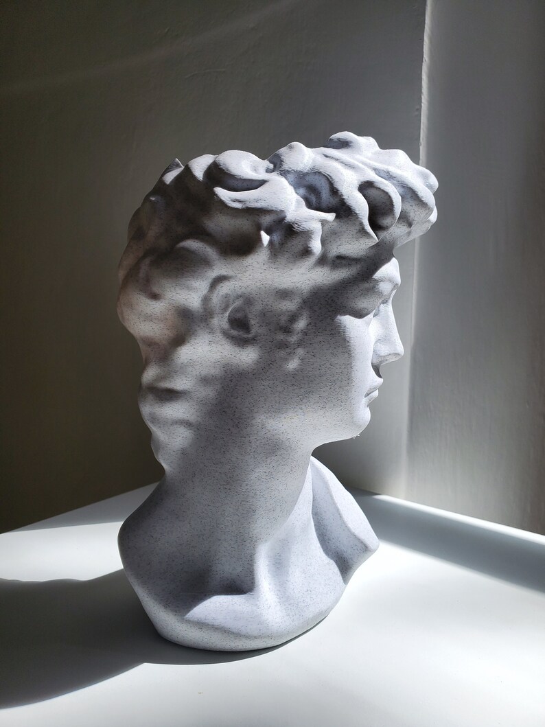 May include: A white plaster bust sculpture of a man with short, curly hair. The bust is a replica of a famous classical sculpture.