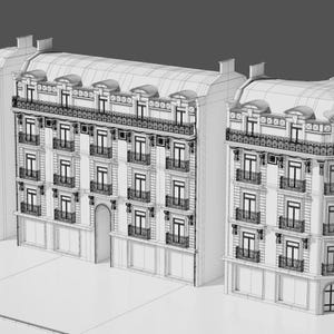 Pode incluir: Renderização arquitetônica em tons de cinza de um edifício de vários andares com detalhes ornamentados. O edifício apresenta múltiplas janelas, varandas e uma linha de telhado detalhada. A estrutura tem um design clássico, com uma fachada simétrica e aberturas arqueadas na base.