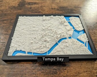 Mapa de la ciudad de Tampa Bay, arte topográfico detallado de Tampa, decoración de pared moderna de Tampa Bay, paisaje urbano de Tampa Florida impreso en 3D, regalo único de Florida