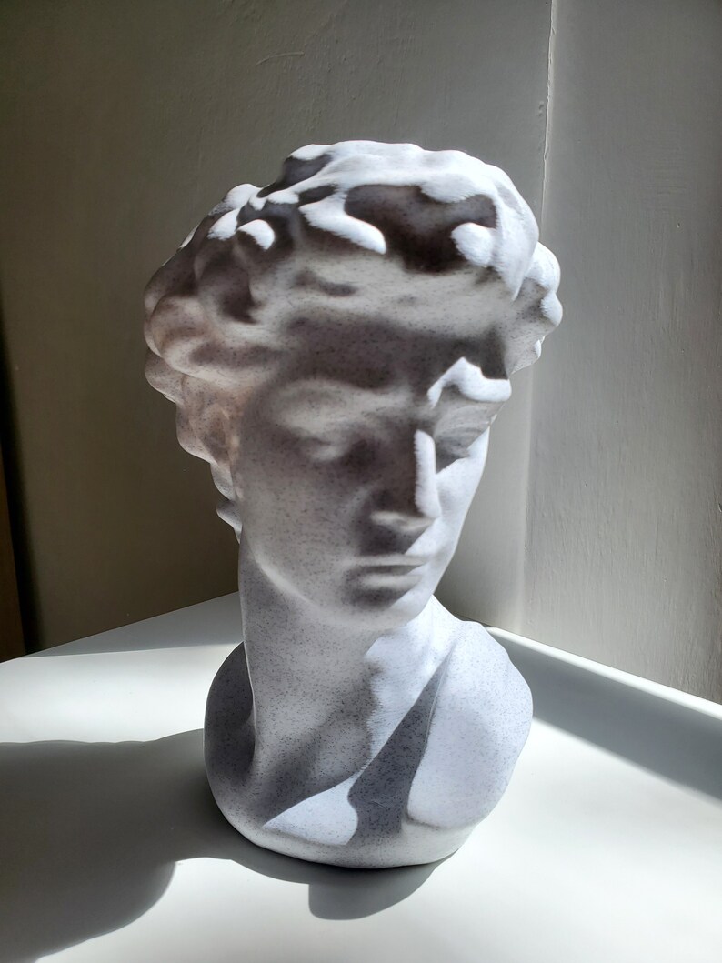 May include: White plaster bust sculpture of a person with short hair. The sculpture is in a classical style and has a textured surface.