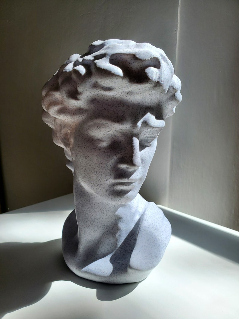 May include: White plaster bust sculpture of a person with a detailed face and hair. The bust is sitting on a white surface.