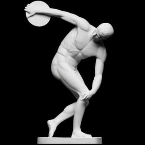 May include: A white marble sculpture of a discus thrower in mid-throw, with the discus held in the right hand and the left leg extended.