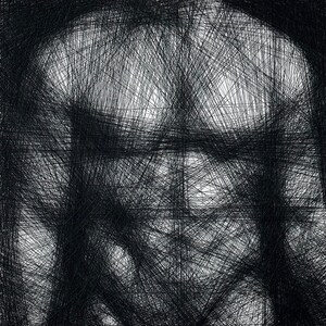 May include: Abstract black and white line art drawing of a face. The lines are thin and create a sense of depth and texture.