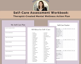 Evaluación de autocuidado creada por un terapeuta, plan de acción para el bienestar mental, materiales imprimibles para el manejo del estrés, cuaderno de trabajo de atención plena, bienestar personal en PDF