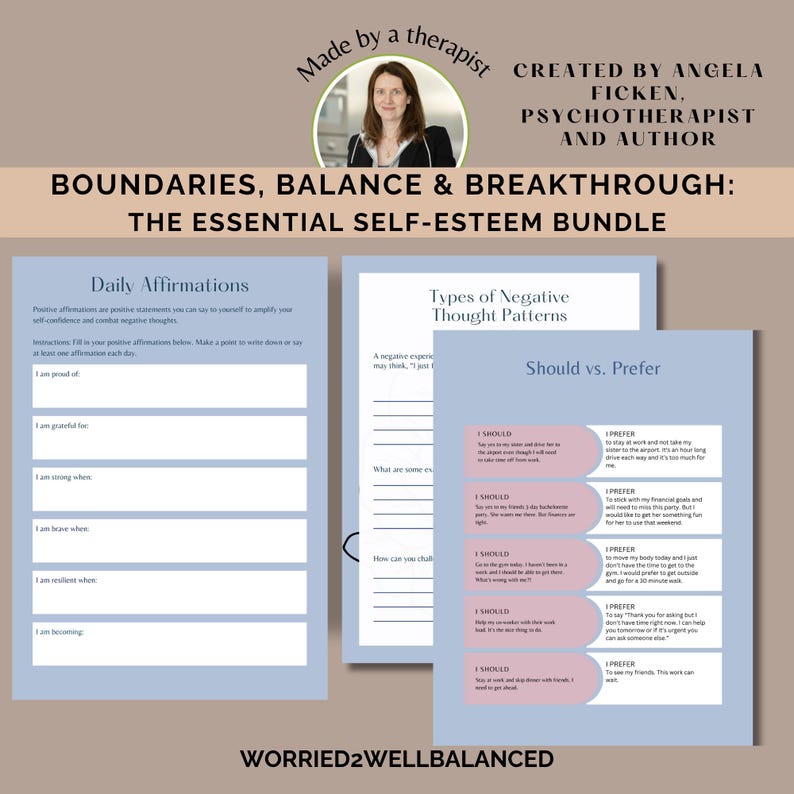 Self Esteem Workbook Boundaries Setting CBT Worksheets Anxiety Relief ...