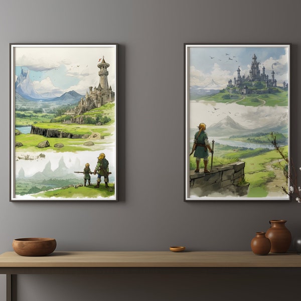 Legendary Adventure: Link's Journey in Hyrule - Classic Oil Painting | Hyrule Landscape Digital Print Set | Video Game Wall Art Decor