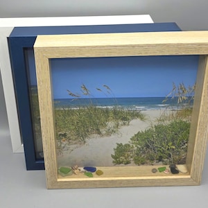 Beach Photo with Seashells and Sea Glas in 10x10 Shadow Box Frame