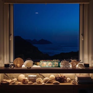 May include: A window view of a dark blue night sky over the ocean. A shelf displays seashells, a decorative bottle with lights, and other coastal decor. The scene evokes a serene, nautical theme.