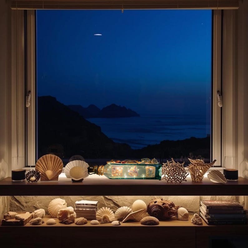 May include: A window view of a dark blue night sky over the ocean. A shelf displays seashells, a decorative bottle with lights, and other coastal decor. The scene evokes a serene, nautical theme.