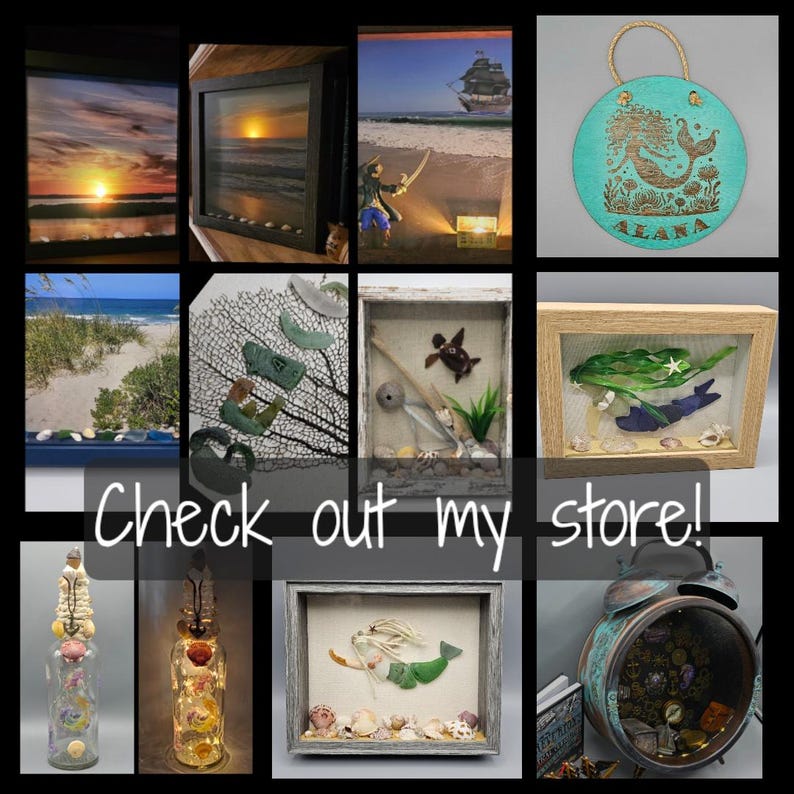 May include: A collage of coastal-themed art and decor. Includes framed sunset and beach scenes, a pirate figurine, a teal mermaid bag, and shadow boxes with sea glass and shells. Text: Check out my store!