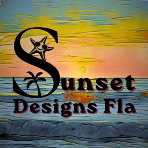 May include: An artistic image featuring a sunset over the ocean. The text "Sunset Designs Fla" is displayed with a stylized "S" incorporating a starfish and palm tree. The sky transitions from yellow to orange and blue.