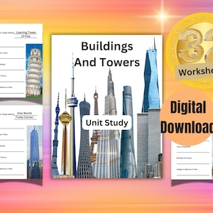 May include: A colorful digital download for a unit study on buildings and towers. The cover image features a variety of famous buildings and towers, including the Eiffel Tower, the Leaning Tower of Pisa, and the One World Trade Center. The download includes 32 worksheets.