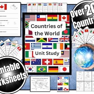 May include: A colourful printable worksheet set for learning about countries of the world. The set includes over 200 country flags, a world map, and worksheets for each continent. The worksheets feature questions about each country's capital, population, and other facts.  "Countries of the World Unit Study" is the title of the set.