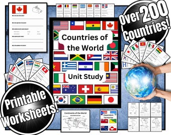 Countries of the World Unit Study/ Printable Geography Worksheets for Grades 1-8/ Learn Flags/ Countries/ Continents/ Capital Cities & More!