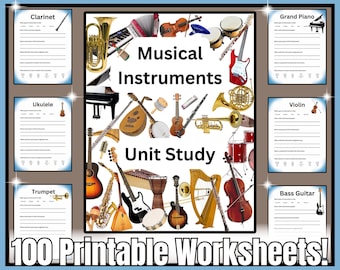 May include: A colorful illustration of various musical instruments, including a clarinet, ukulele, trumpet, grand piano, violin, and bass guitar. The image includes the text "Musical Instruments Unit Study" and "100 Printable Worksheets!"