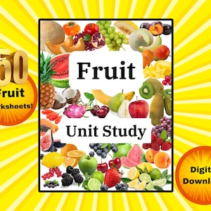 Estudio de la unidad de frutas. 50 hojas de trabajo diferentes sobre frutas. Grados 1 a 6 y educación en el hogar. ¡Investiga cada fruta: vitaminas, minerales, beneficios para la salud y más!