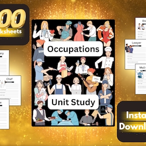 May include: A colourful illustration of 200 worksheets for a unit study on occupations. The image includes illustrations of people in various professions, such as a doctor, lawyer, chef, and mail carrier. The text "Occupations" and "Unit Study" are featured in the image.