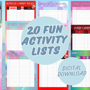 20 leuke activiteitenlijsten. Houd je leven bij. Direct downloaden, mooi afdrukbaar om georganiseerd te blijven. Oefen handschrift tijdens het plannen.